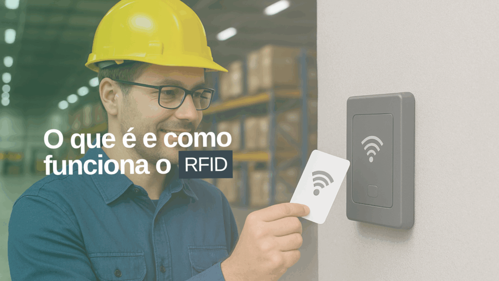 Trabalhador utilizando tag RFID em operação no ambiente de trabalho.