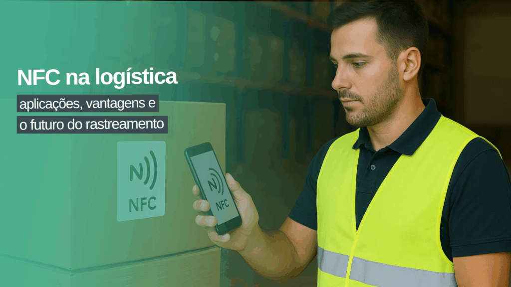 Trabalhador de logística utilizando smartphone para leitura de etiqueta NFC em caixa dentro de armazém.