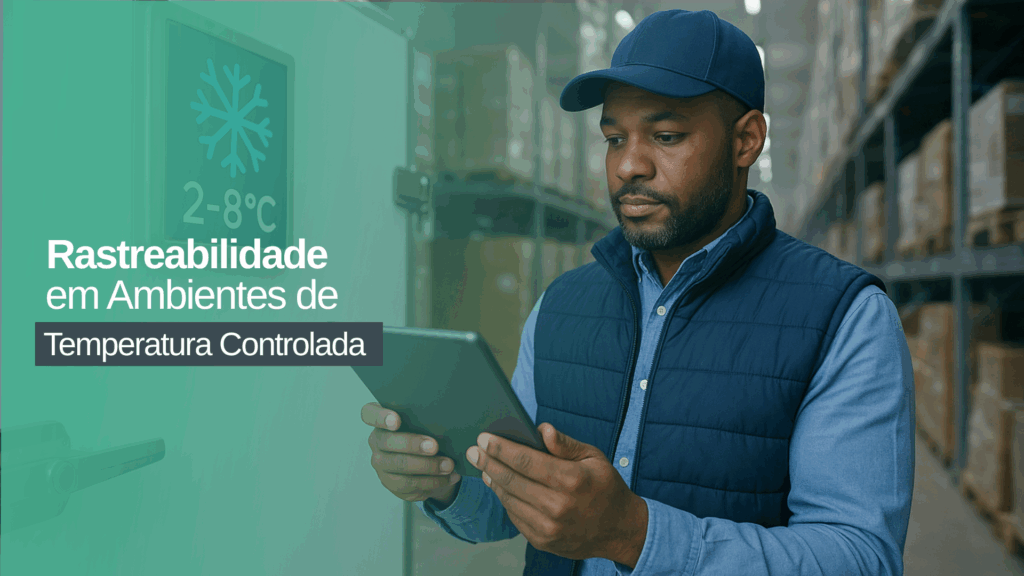 Homem trabalhando em armazém de temperatura controlada segurando tablet para monitoramento de rastreabilidade.