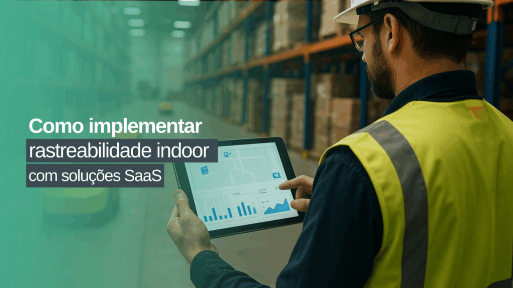 Profissional utilizando tablet para monitorar rastreabilidade em armazém com robôs autônomos.