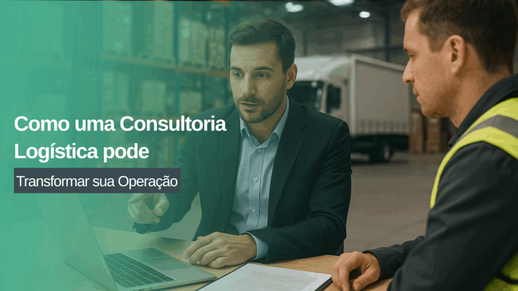 Consultor de logística apresenta análise de desempenho para cliente em um armazém, representando o trabalho de uma consultoria logística.
