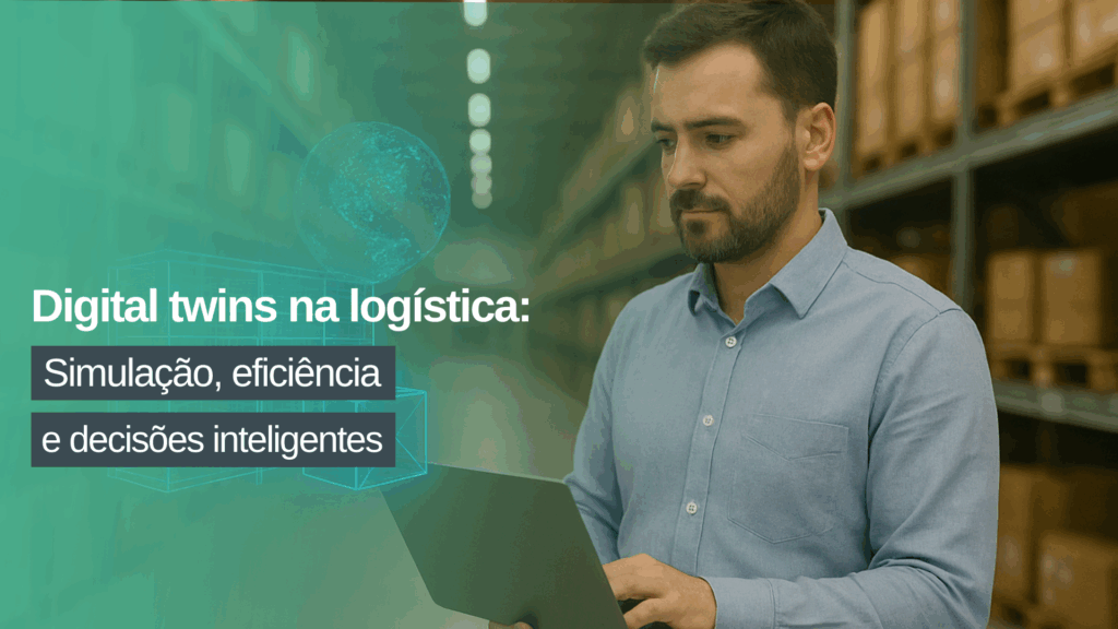 Homem monitorando em tempo real o rastreamento de uma caixa dentro de um armazém por meio de um tablet, com mapa digital no visor e sensores posicionados no galpão.