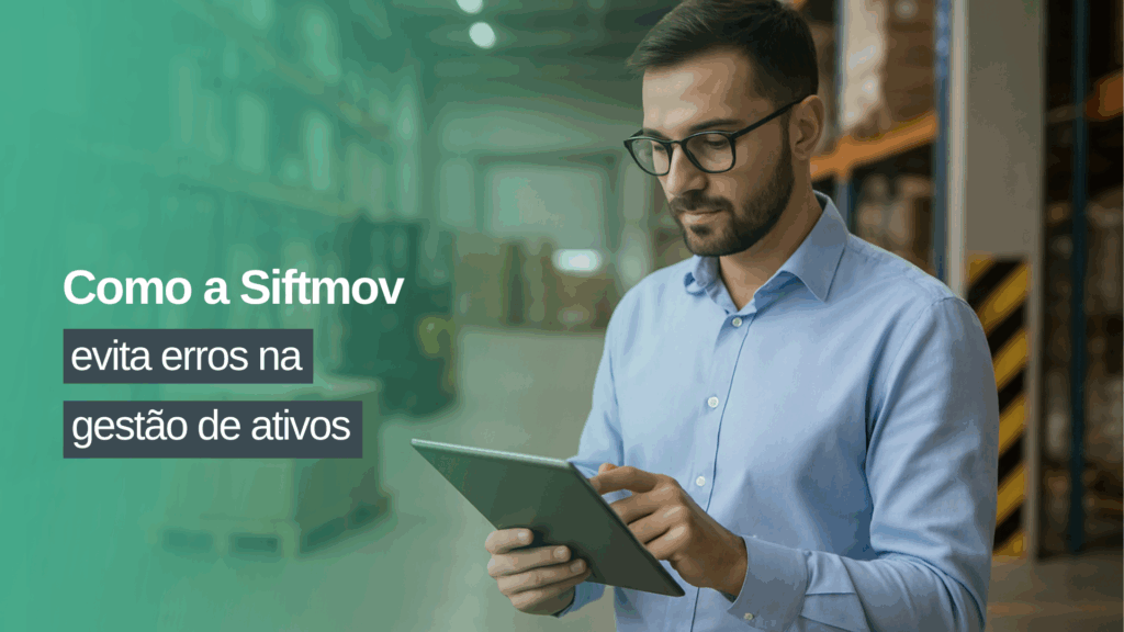 Profissional analisando dados em um tablet dentro de um armazém organizado, representando a gestão de ativos.