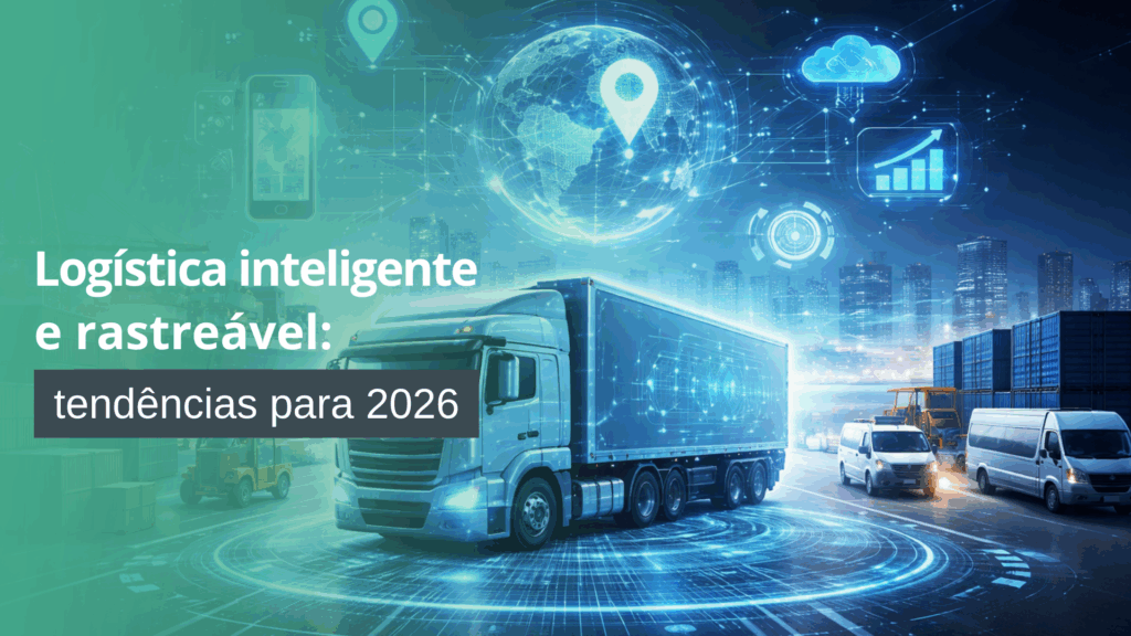 Ilustração de logística inteligente com caminhão conectado, rastreamento em tempo real e tecnologias digitais representando as tendências logísticas para 2026.