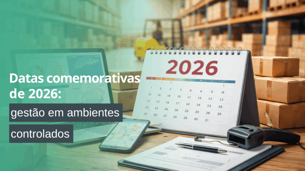 Planejamento logístico com calendário, dashboards digitais e ferramentas de gestão em ambiente de armazém.