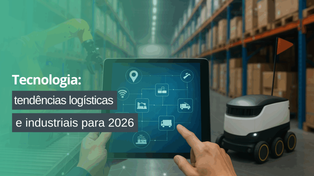 Tablet exibindo ícones de tecnologia logística em um armazém com robô autônomo e braço robótico ao fundo, representando as tendências logísticas.